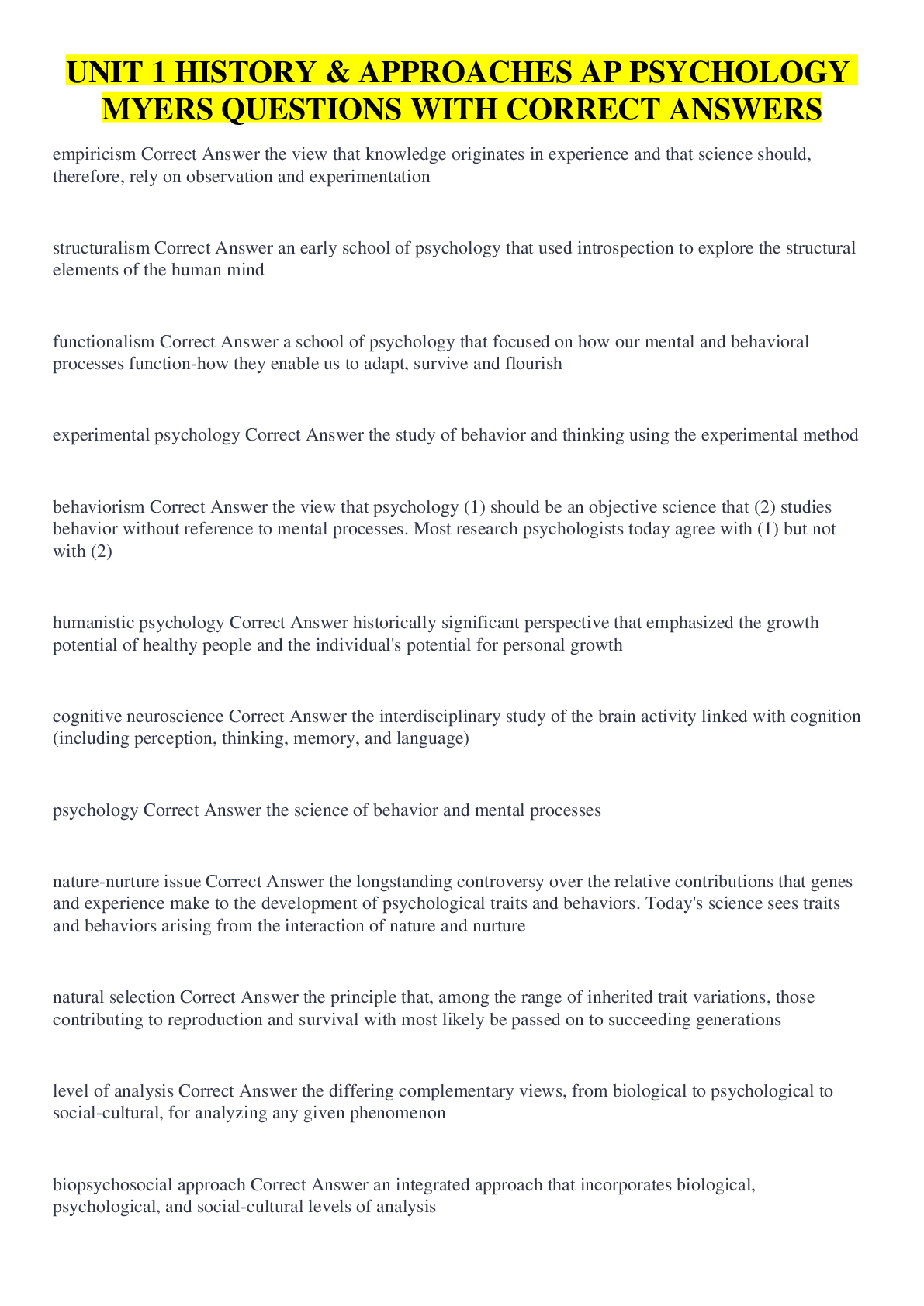 Preview image for UNIT 1 HISTORY & APPROACHES AP PSYCHOLOGY MYERS QUESTIONS WITH CORRECT ANSWERS